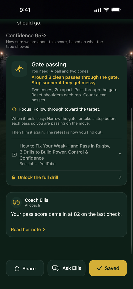 The gate passing drill card: two cones 2m apart, around 8 clean passes, with the focus cue follow through toward the target.