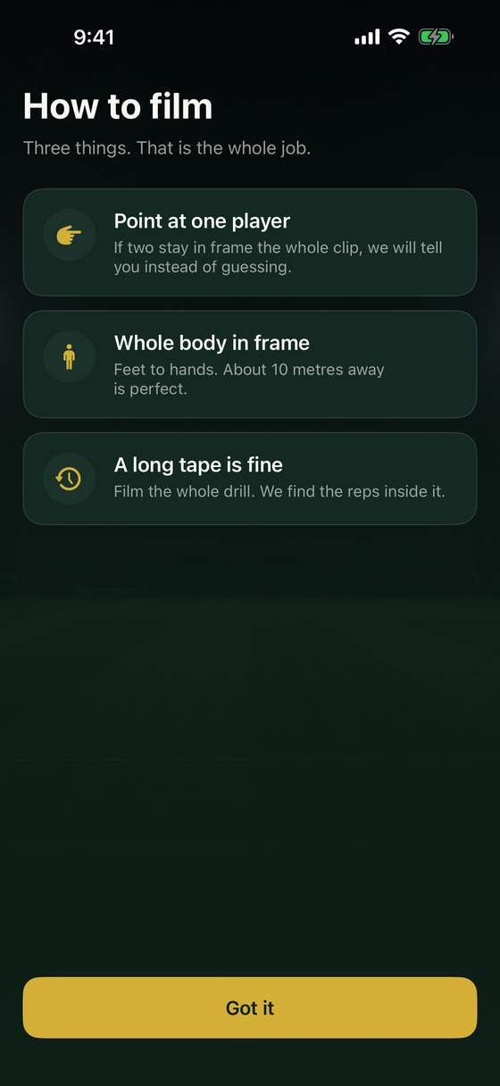 How to film: point at one player, whole body in frame, a long tape is fine.