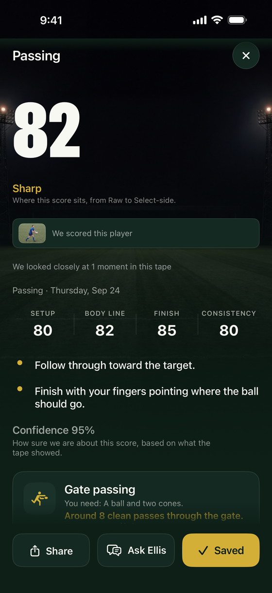 A real passing result in the app: 82, in the Sharp band, with part scores for setup 80, body line 82, finish 85 and consistency 80, and the first fix, follow through toward the target.