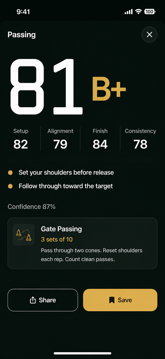 Rugby AI scorecard: passing scored 81, grade B plus, with setup, alignment, finish and consistency scores, two cues, and one drill